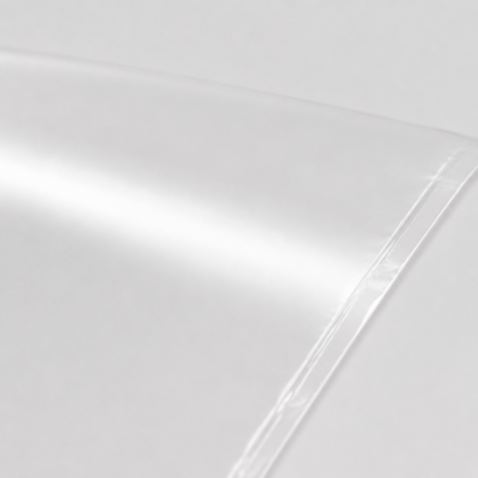 Ingezoomde detailfoto van de gladde, transparante folie van een vacuümzak van 400 × 700 mm, waarbij de heldere lichtreflectie en lange afgewerkte zijnaad duidelijk zichtbaar zijn tegen een lichtgrijze achtergrond.