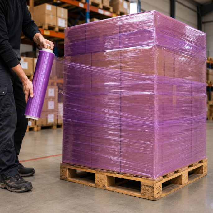 Medewerker brengt paarse stretchfolie handmatig aan rondom een pallet met kartonnen dozen in een magazijnomgeving. De transparante wikkelfolie wordt strak om de lading getrokken om producten veilig te stabiliseren en te beschermen tijdens opslag en transp