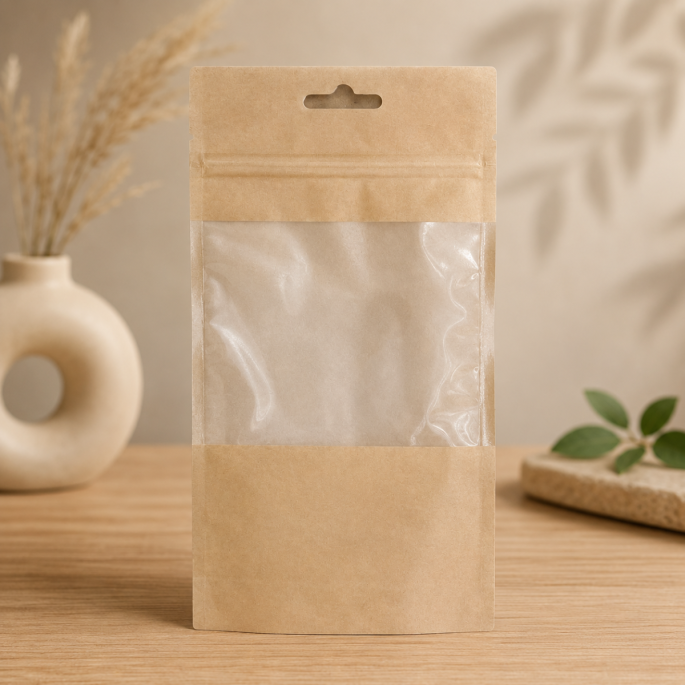 Kraft papieren stazak met transparant venster en hersluitbare ziplock sluiting, stijlvol gepresenteerd op een houten ondergrond met een natuurlijke, duurzame achtergrond. Ideaal voor voedingsmiddelen, thee, kruiden, supplementen en retailverpakkingen.
