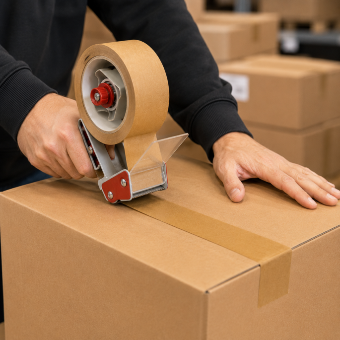 Papier Tape ECO 50 mm x 50 m in gebruik met een handmatige tapedispenser tijdens het sluiten van een kartonnen verzenddoos. De bruine kraft verpakkingstape wordt professioneel aangebracht voor een stevige en duurzame verpakking. 