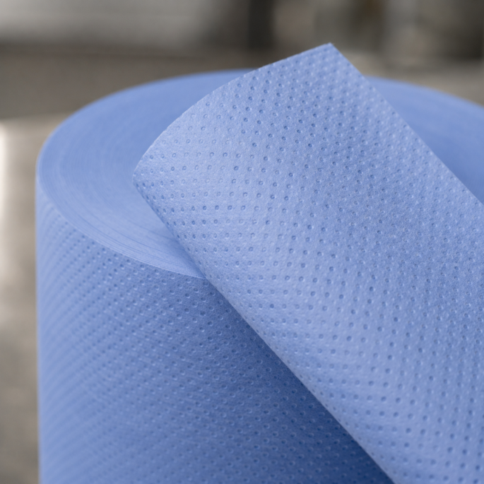 Macro detailfoto van midi poetspapier cellulose blauw 1-laags met close-up van de absorberende reliëfstructuur, fijne vezeltextuur en afrollend papierdeel.