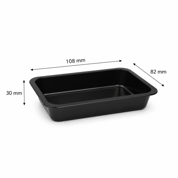 PP saladebakje rechthoek 150 cc zwart met afmetingen 108 × 82 × 30 mm, geschikt voor het verpakken van salades, koude maaltijden, fruit en andere verse producten.
