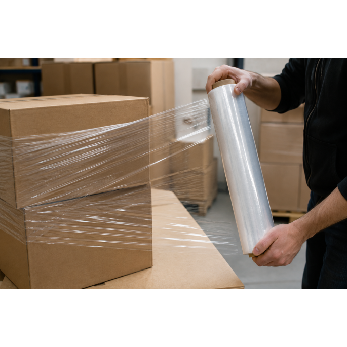 Transparante handwikkelfolie in gebruik bij het handmatig omwikkelen van kartonnen dozen voor verpakking en verzending.