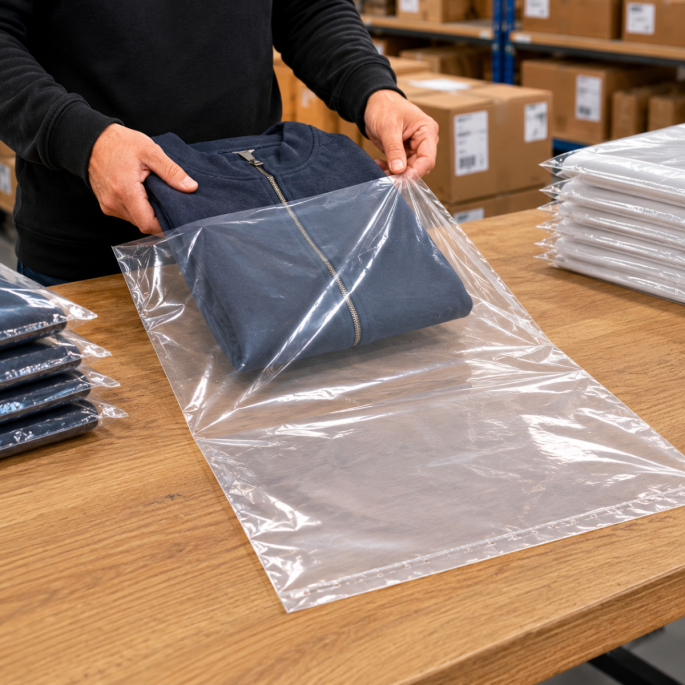 HDPE zak 35 micron transparant 600 x 1250 mm in gebruik voor het verpakken van een opgevouwen kledingstuk. De transparante verpakkingzak beschermt het product tegen stof, vuil en vocht tijdens opslag, handling en transport.