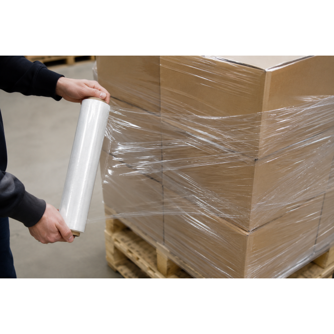 Transparante handwikkelfolie in gebruik bij het omwikkelen van kartonnen dozen op een pallet in een magazijn.