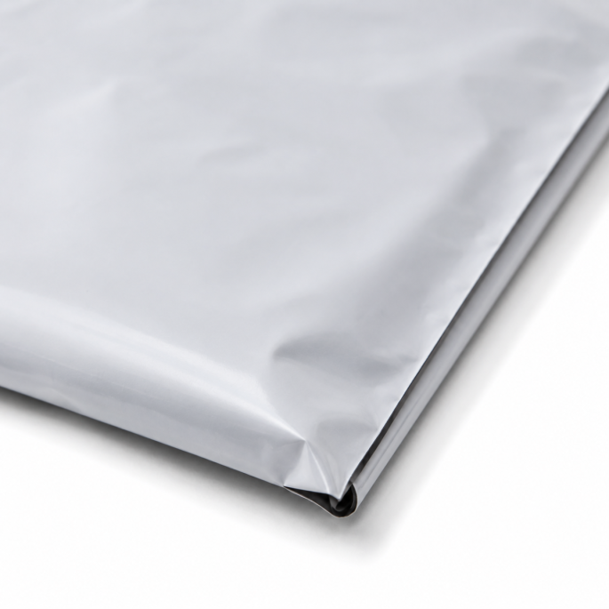 Detailfoto van een LDPE verzendzak met dubbele plakstrip, ingezoomd op de onderhoek van de zak. De close-up laat de sterke lasnaden, de gladde LDPE-folie en de nette afwerking zien, wat bijdraagt aan een stevige en betrouwbare verpakking voor het verzende