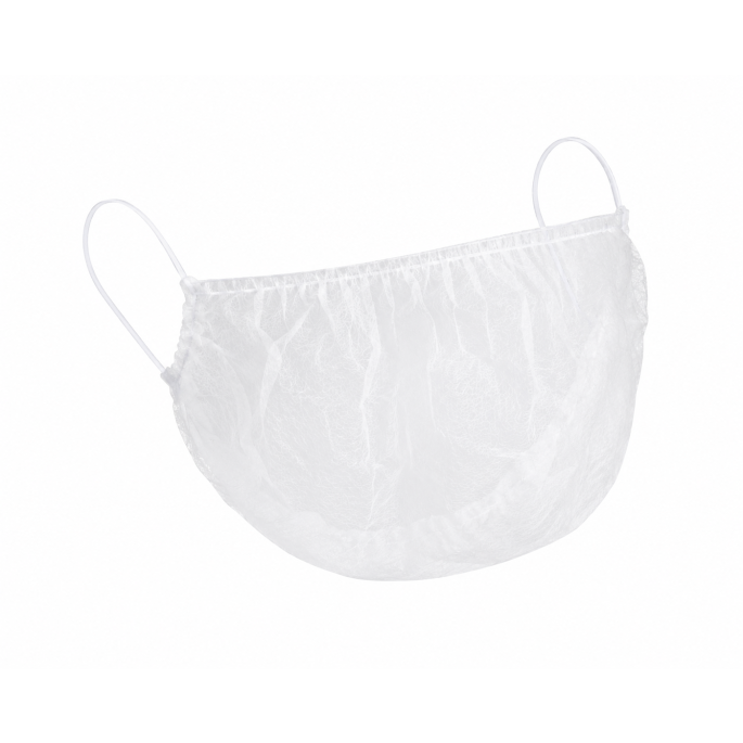 Witte disposable baardcover van licht transparant non-woven materiaal met elastische oorlussen. De baardcover heeft een ruime, afgeronde pasvorm die baard- en gezichtshaar volledig omsluit en wordt achter de oren bevestigd voor comfortabel gebruik zonder 