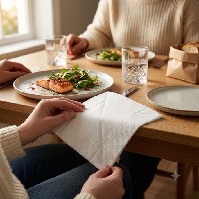 Een sfeervolle lifestyle-afbeelding van een diner aan een houten tafel, waarbij iemand een groot wit papieren servet op schoot heeft liggen en gebruikt tijdens een maaltijd met zalm en salade.