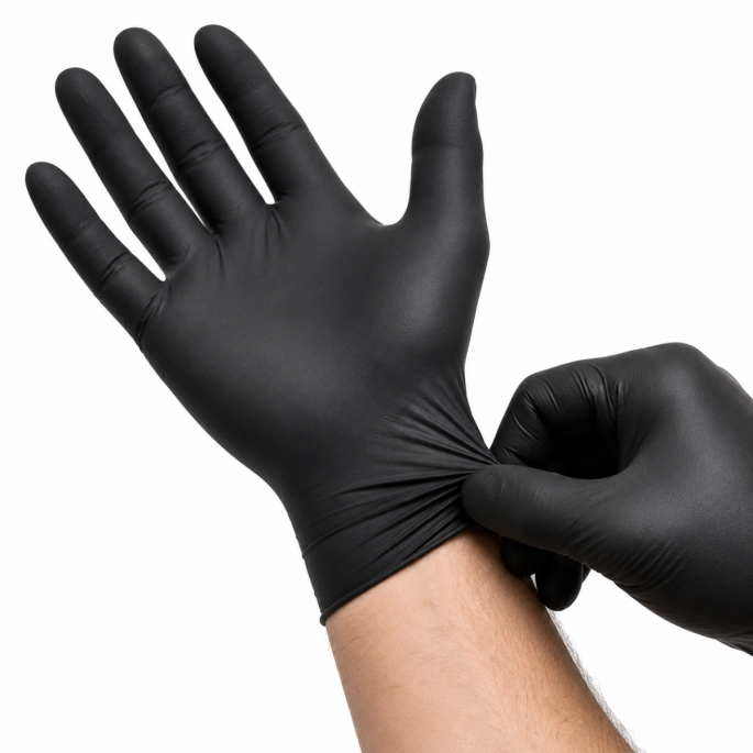 Persoon trekt een zwarte nitril handschoen aan voor een comfortabele en nauwsluitende pasvorm.