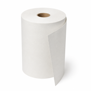 Productfoto van een witte midi poetspapierrol van recycled papier, 1-laags, met zichtbare losse velrand en kartonnen kern op witte achtergrond.