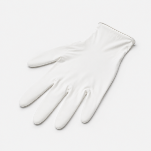 Gladde witte nitril handschoen categorie III op een lichte achtergrond.
